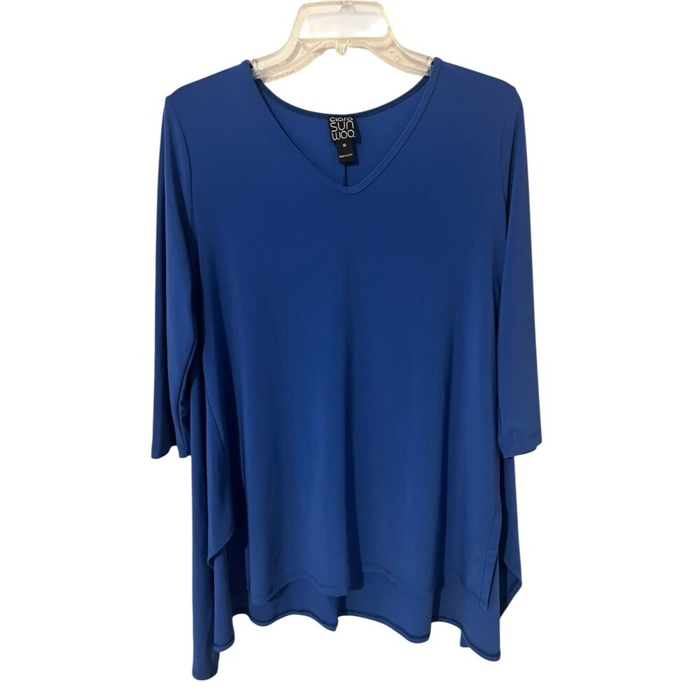 Clara SunWoo Royal Blue Sharkbite Oversized Tunic Top M Liquid Knit Lagenlook